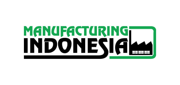 The logo for Manufacturing Indonesia, featuring the words 'MANUFACTURING INDONESIA' in a stylized font, with a green outline depicting factory buildings or an industrial skyline to the right of the te